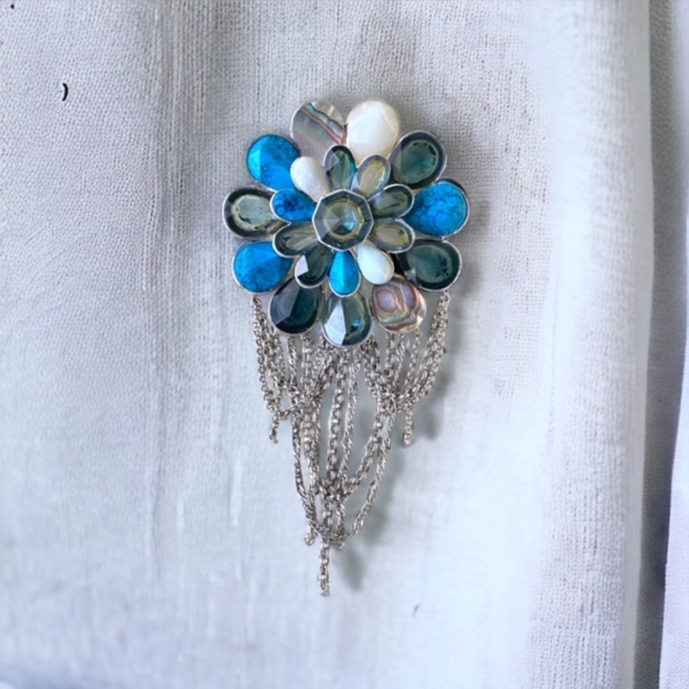 KENNETH COLE Silver Tone Mother of Pearl Flower Chain Tassel Brooch Pin